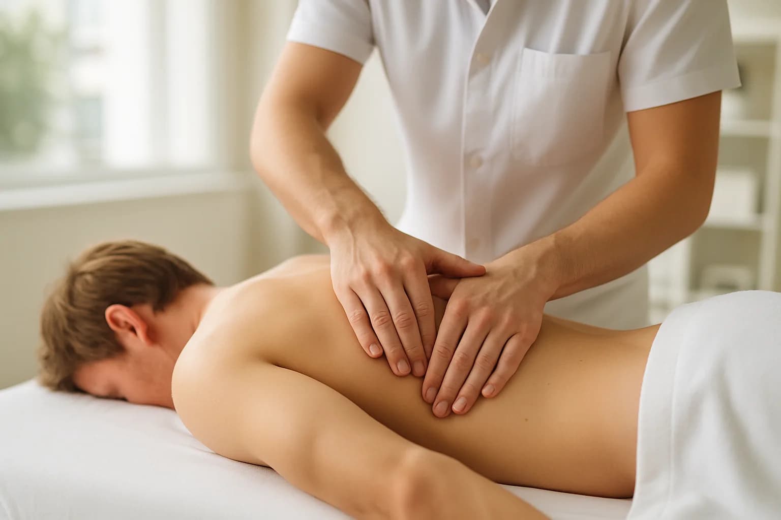 Fisioterapista esegue terapia manuale su spalla e schiena paziente