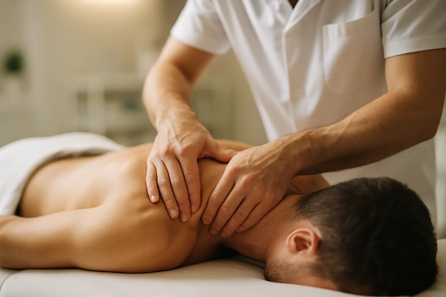 Terapeuta esegue massaggio terapeutico sulla spalla del paziente in studio fisioterapico